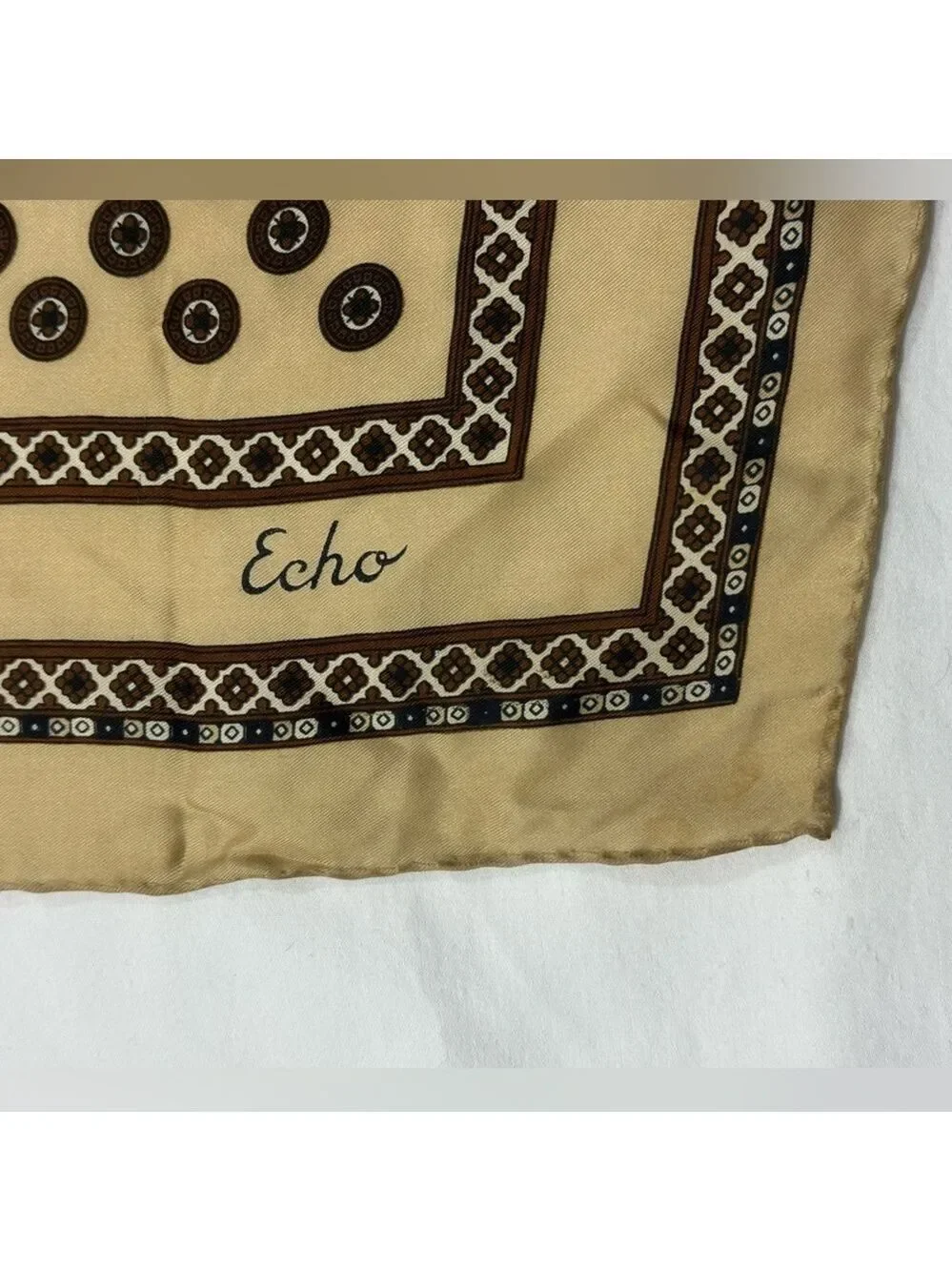 Echo Scarf Vintage Brown Tan Geometric Print Hand Rolled
